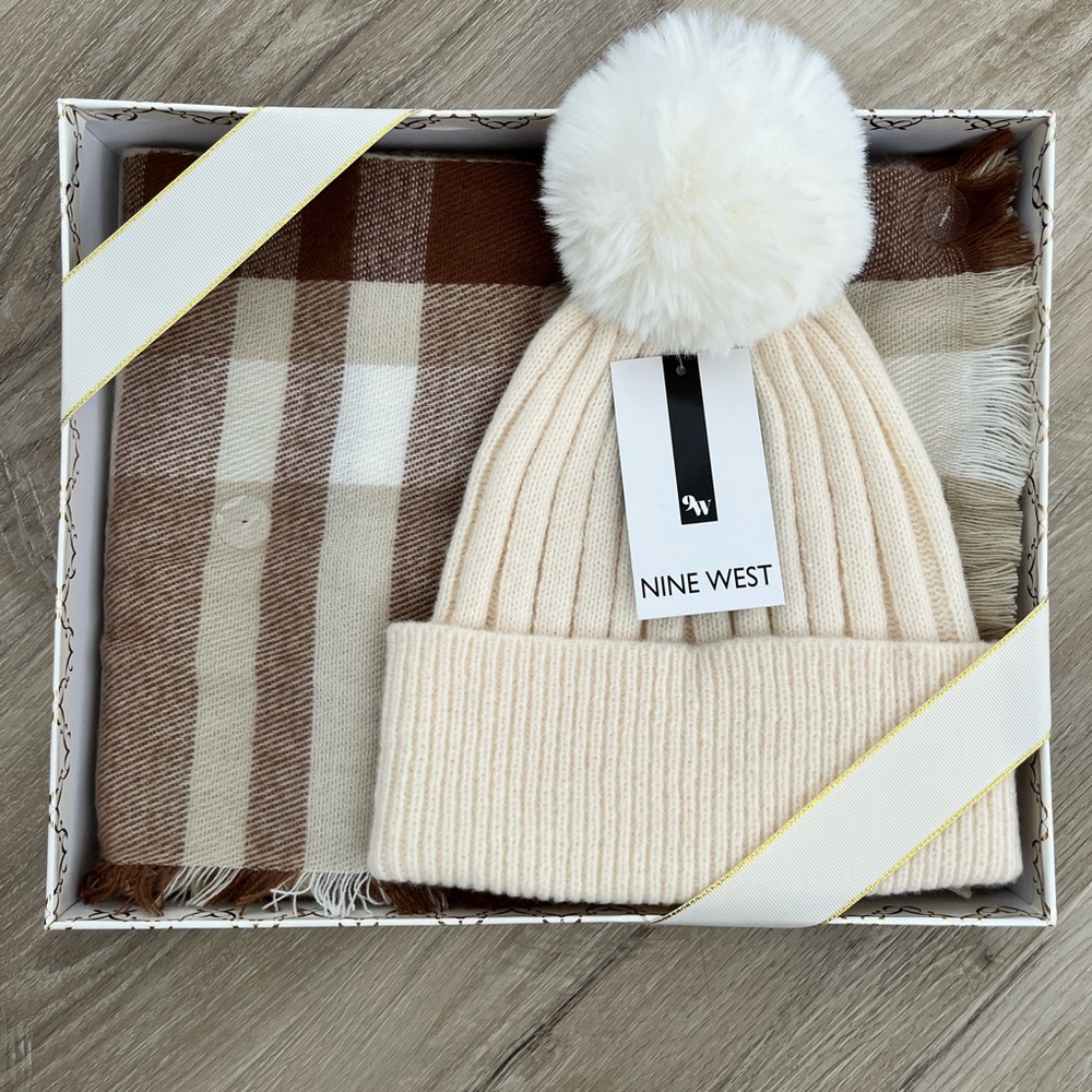 2 for $35 Nine West Cream Knit Beanie and Brown Checkered Scarf Set